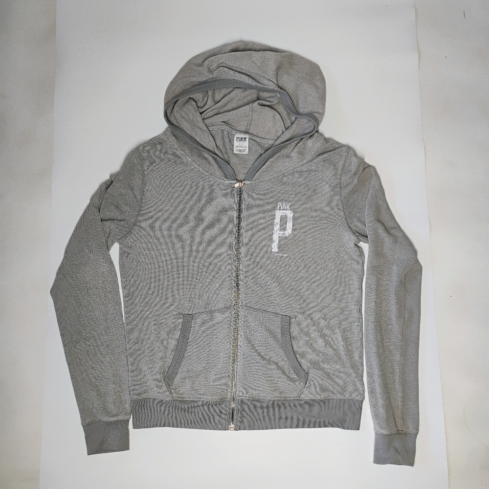 VICTORIA'S SECRET PINK SOFT KNIT HOODIE soft Sweatshirt Gray Letter Large Y2K